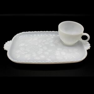 Vintage Hazel Atlas Luncheon Plate Cup Set Milk Glass Dogwood Apple Blossom